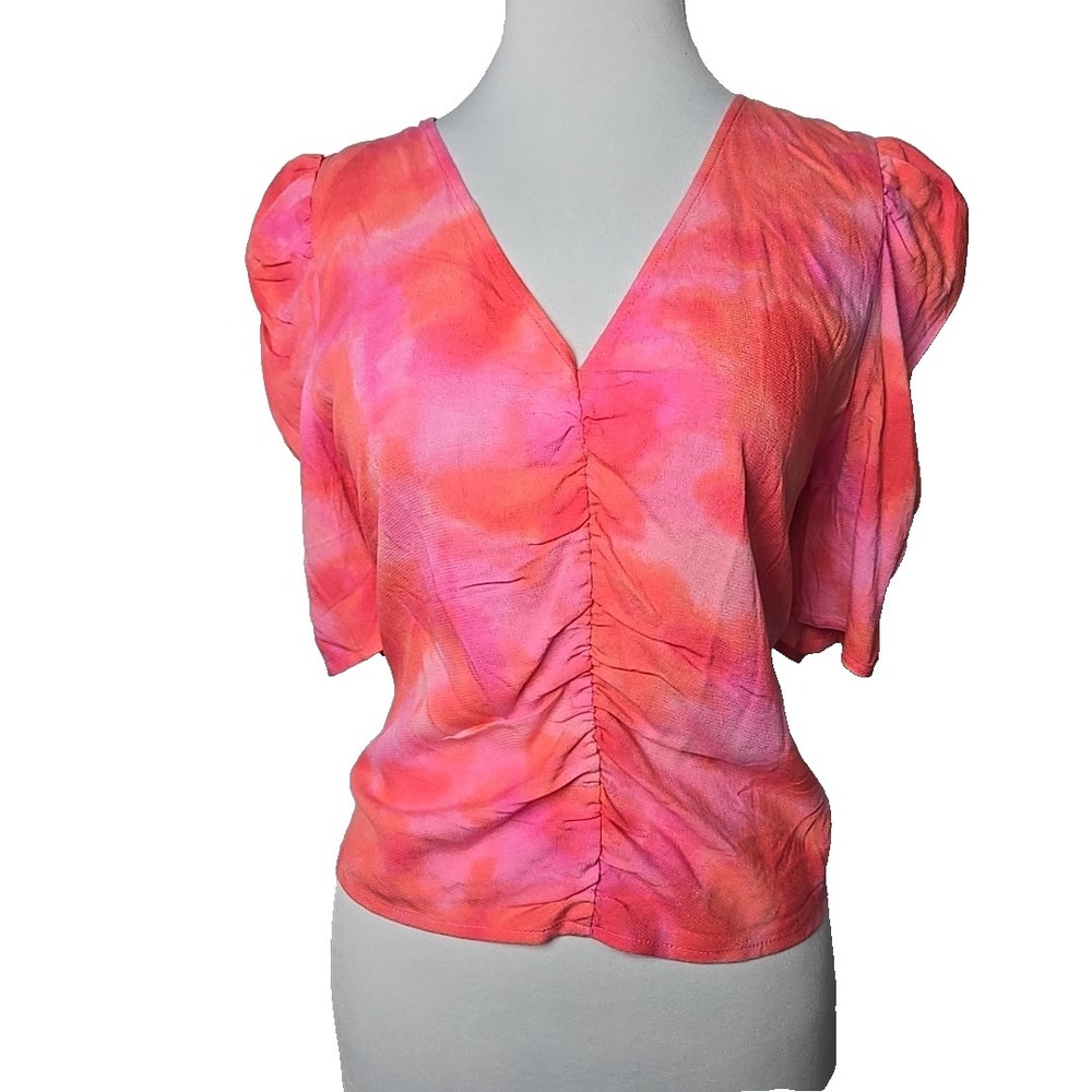 LEITH Pink Orange Calypso‎ Ruched Smocked Crop Top Size Large